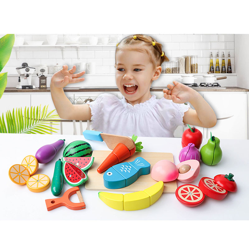 Baby Montessori Wooden Toy Cutting Fruit Vegetable Play Miniature Food Kids Wooden Baby Early Education Real Life Kitchen Toys (باللغة الإنجليزية)